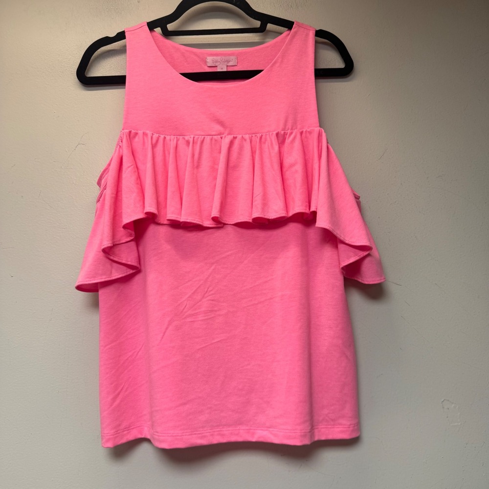 Lilly Pulitzer Cold Shoulder Top Womens M Pink Excellent Ruffle Ruffle Stretch